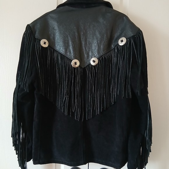 Schott NYC Western Black Tooled Leather Conchos Fringed Jacket 46 USA Vintage. - Picture 5 of 12